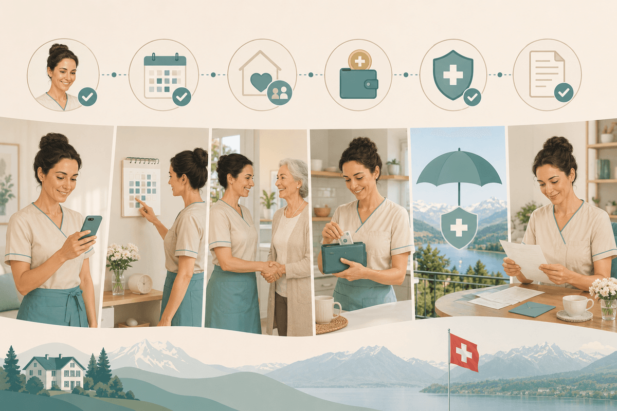 Illustration des Helpore-Wegs für helpers von verifiziertem Profil und Verfügbarkeit über Buchungen bis zu korrekter Bezahlung, Versicherung und Dokumenten in der Schweiz