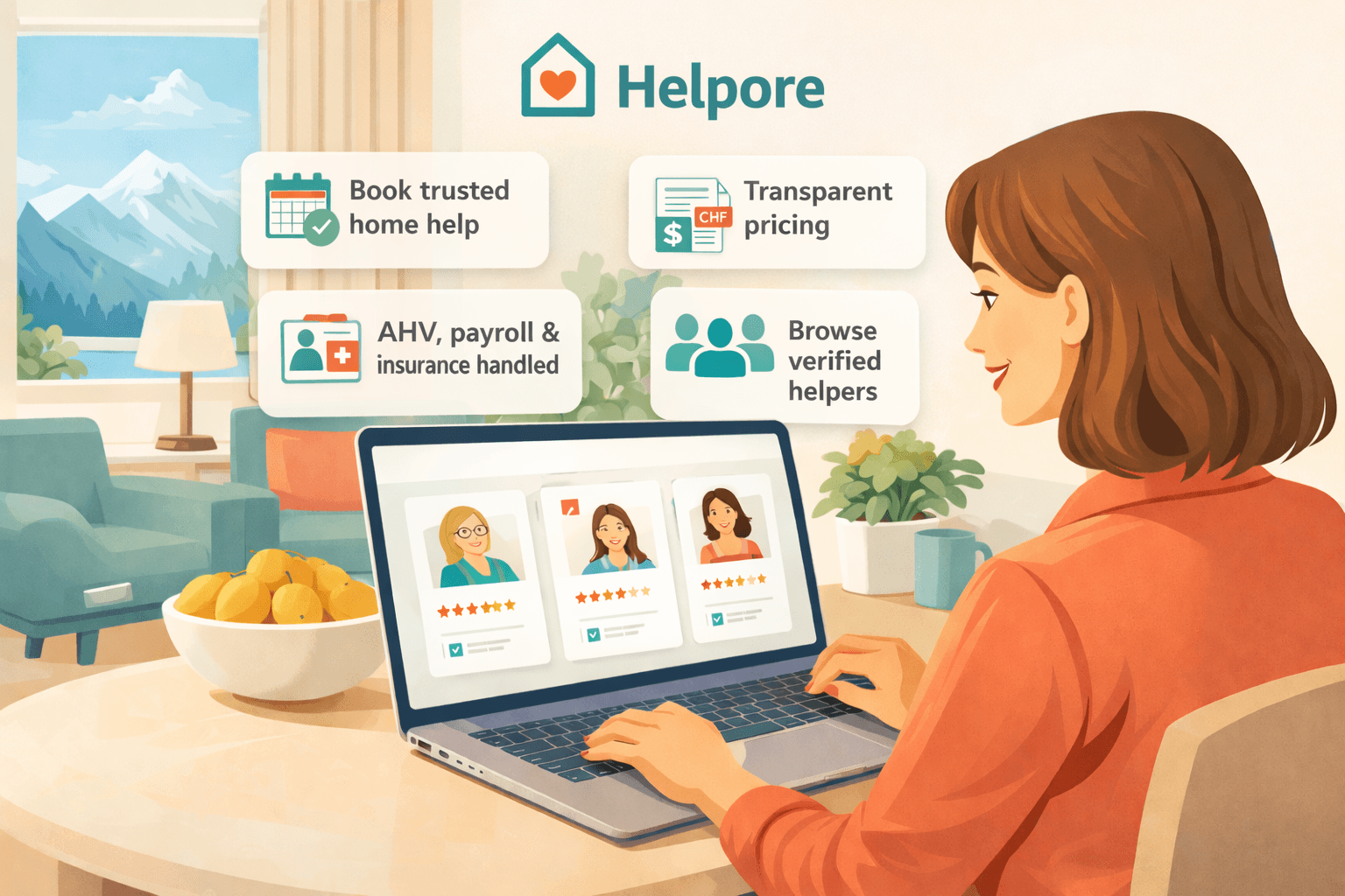 Illustration of a client booking home help with Helpore, showing transparent pricing, payroll, insurance, and helper browsing