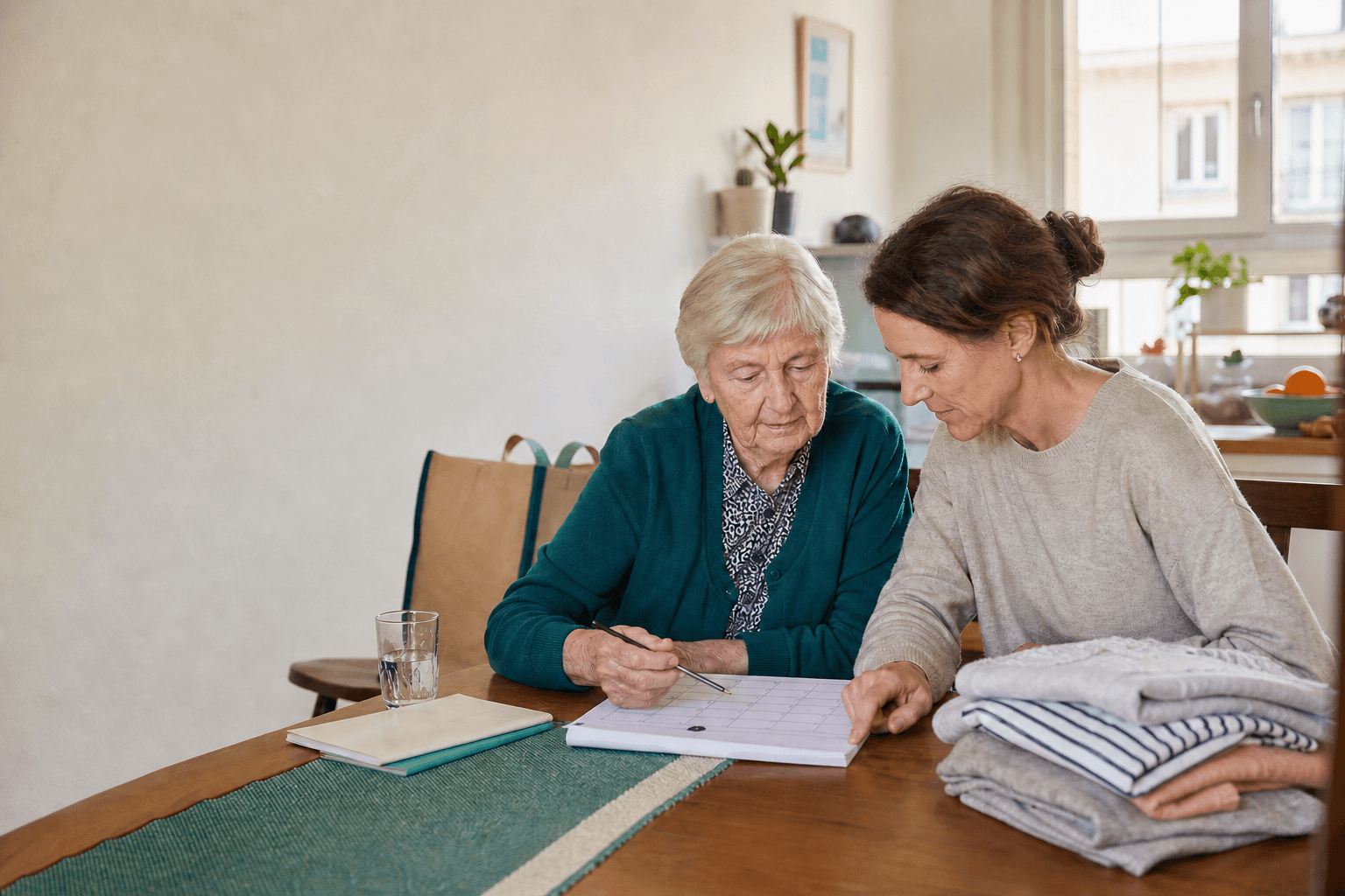 Eine ältere Frau und eine Alltagshilfe besprechen in einer warmen Schweizer Wohnung einen Haushaltskalender neben gefalteter Wäsche