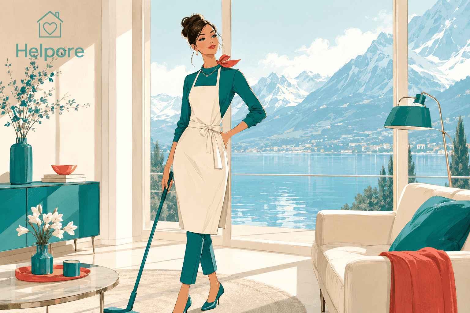 Ilustração de uma ajudante doméstica suíça confiante, com top turquesa e avental creme, a aspirar uma sala de estar luminosa e elegante, com grandes janelas para um lago e montanhas nevadas, assinalando que a Helpore está agora aberta para ajudantes