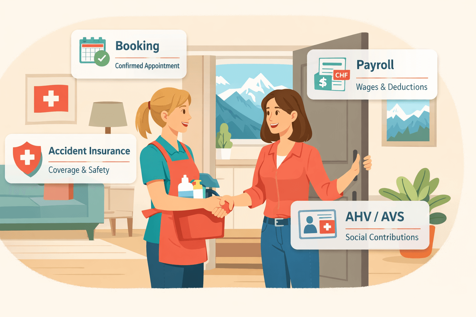 Client and helper shaking hands at home with compliance highlights for booking, payroll, AHV/AVS, and accident insurance