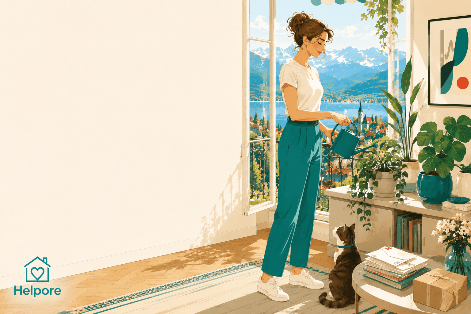Uma ajuda ao domicílio Helpore rega as plantas num apartamento suíço luminoso com um gato, o correio recolhido e uma encomenda, e vista para o lago e as montanhas, enquanto a família está de férias