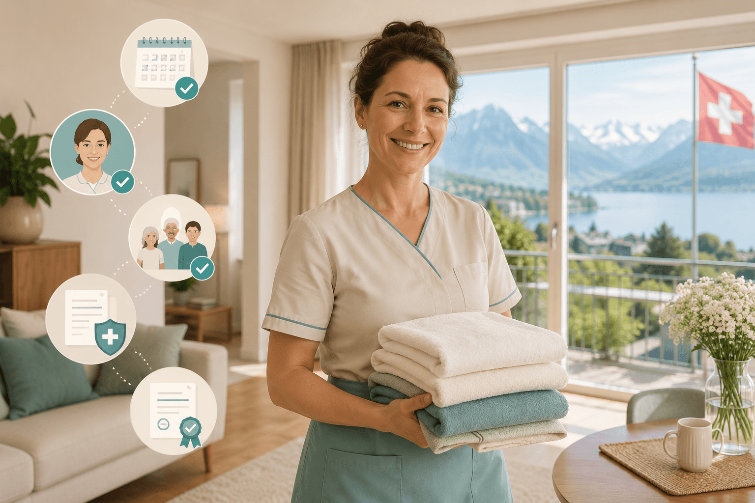 Helper a gerir trabalho de ajuda em casa, disponibilidade, reservas, registos de pagamento, seguros e detalhes de perfil verificados através da Helpore