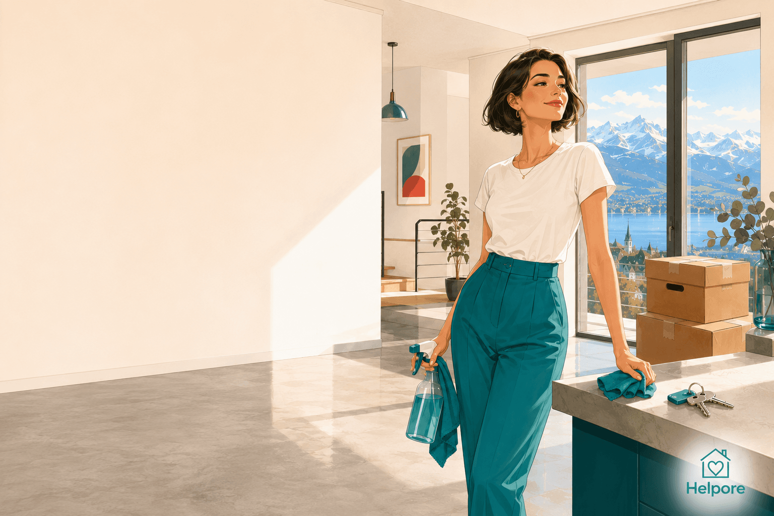 Helpore banner for move-out cleaning in Switzerland showing a sparkling clean window, the words Umzugsreinigung and move-out cleaning, and a note that you can book a declared cleaner from CHF 26 an hour with AHV handled