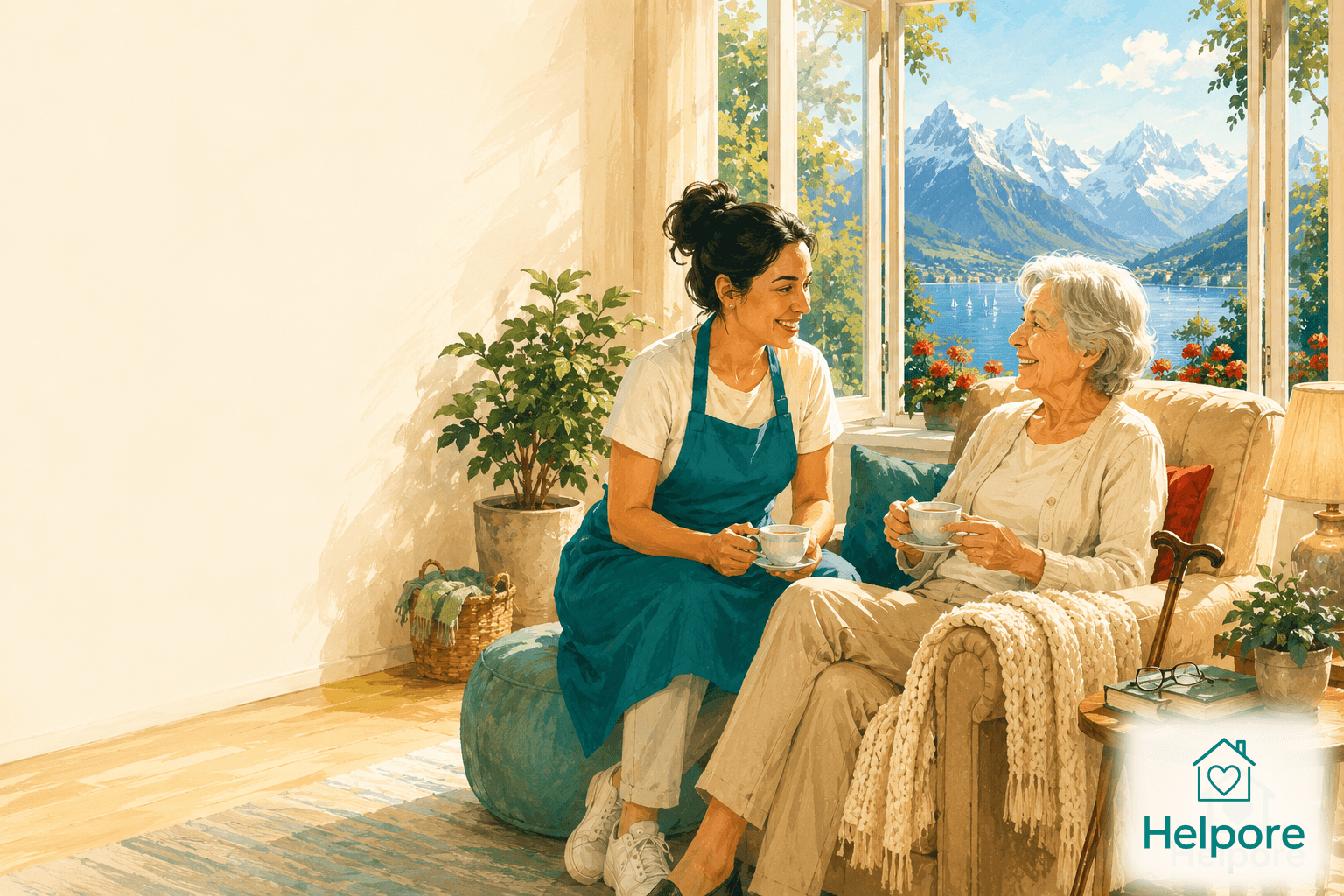 Ilustração da Helpore para o cuidado de idosos em casa na Suíça: uma pessoa cuidadora de avental turquesa partilha um chá com uma senhora idosa sorridente na sua sala, com um lago suíço e os Alpes visíveis pela janela