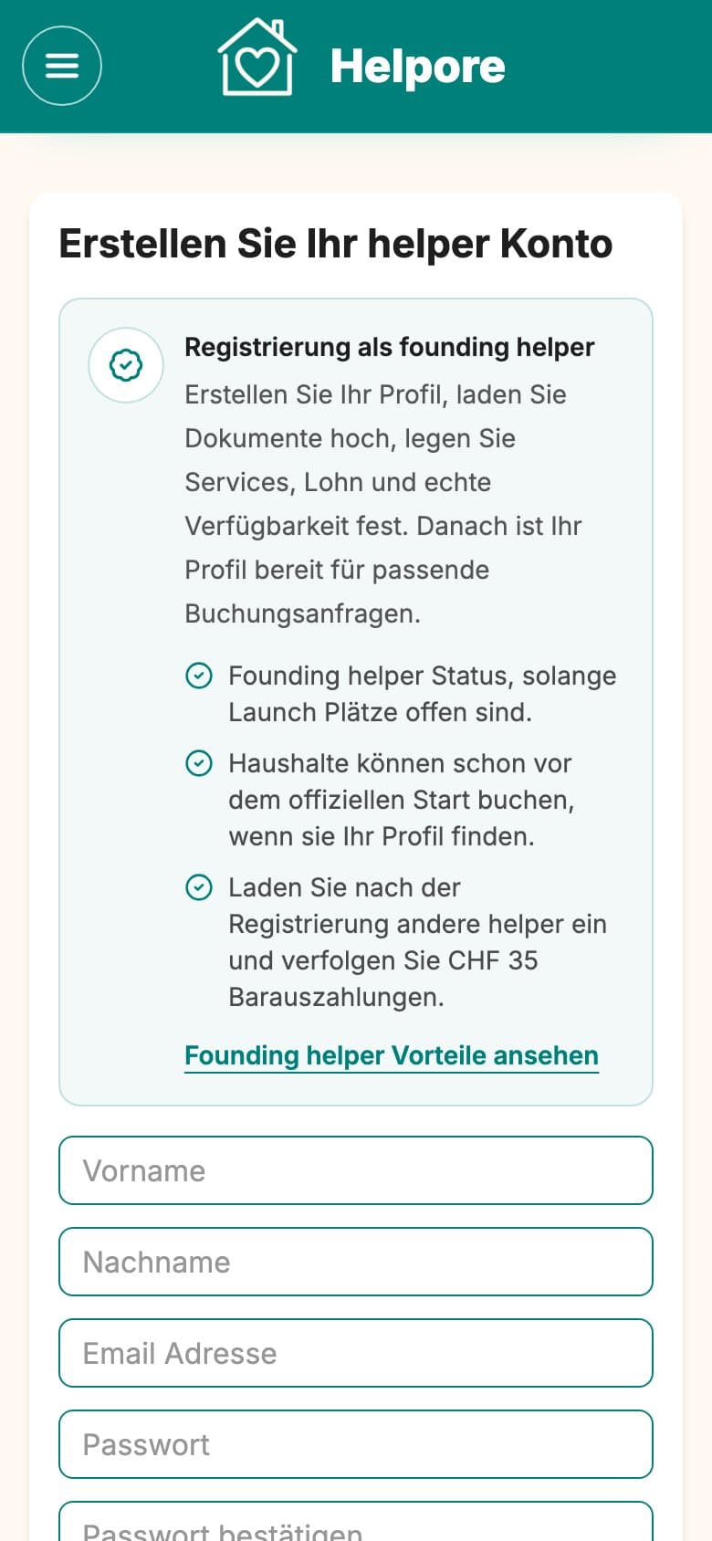 Mobiler Screenshot der Helpore Helper-Kontoerstellung.