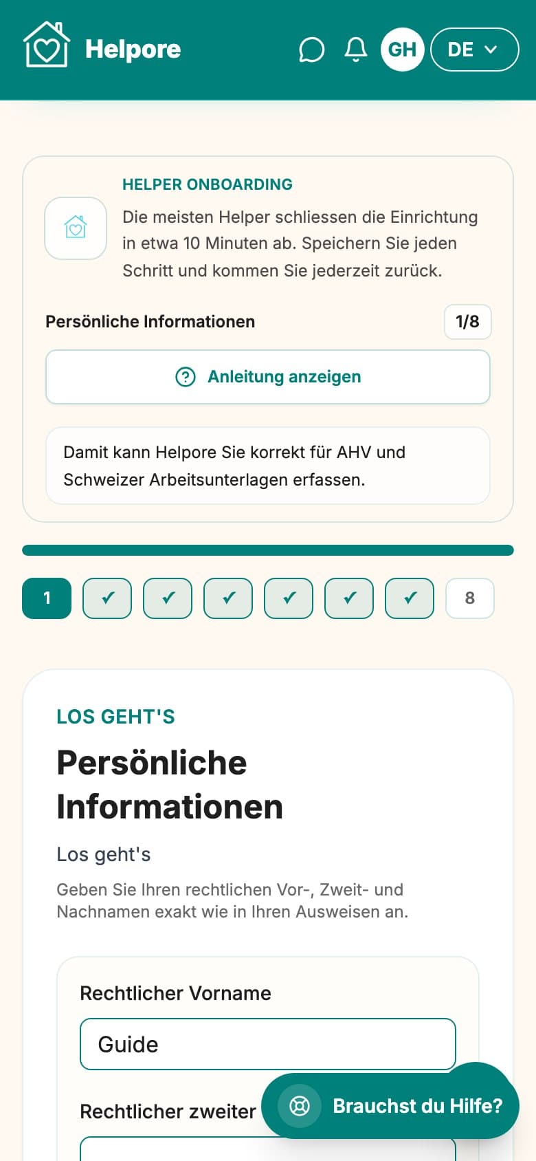 Mobiler Screenshot des Helper-Schritts persönliche Angaben.