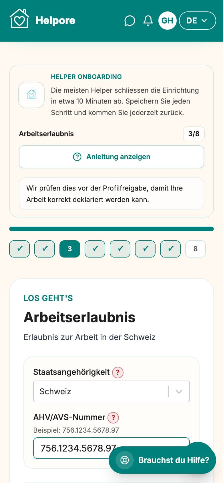 Mobiler Screenshot des Helper-Arbeitsberechtigungs-Schritts.