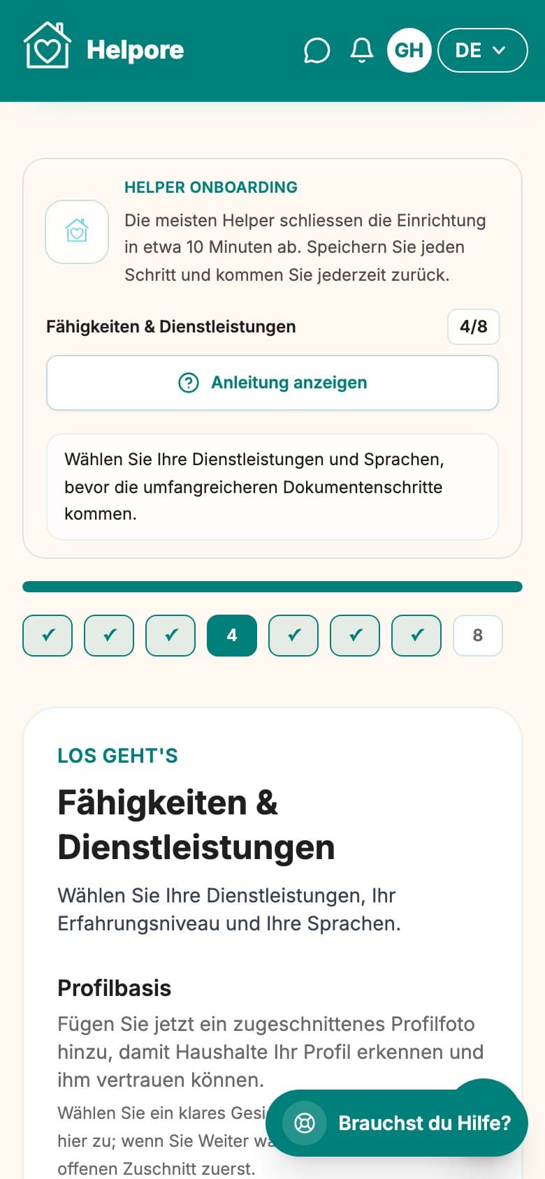 Mobiler Screenshot des Helper-Schritts Faehigkeiten, Services und Sprachen.