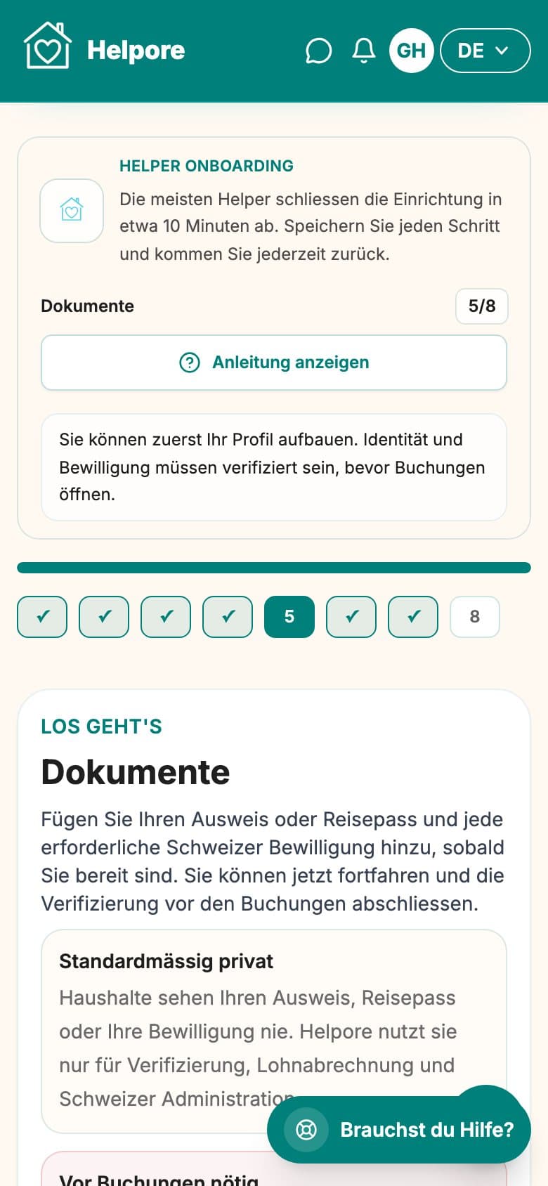 Mobiler Screenshot des Helper-Dokumentenupload- und Verifizierungsschritts.