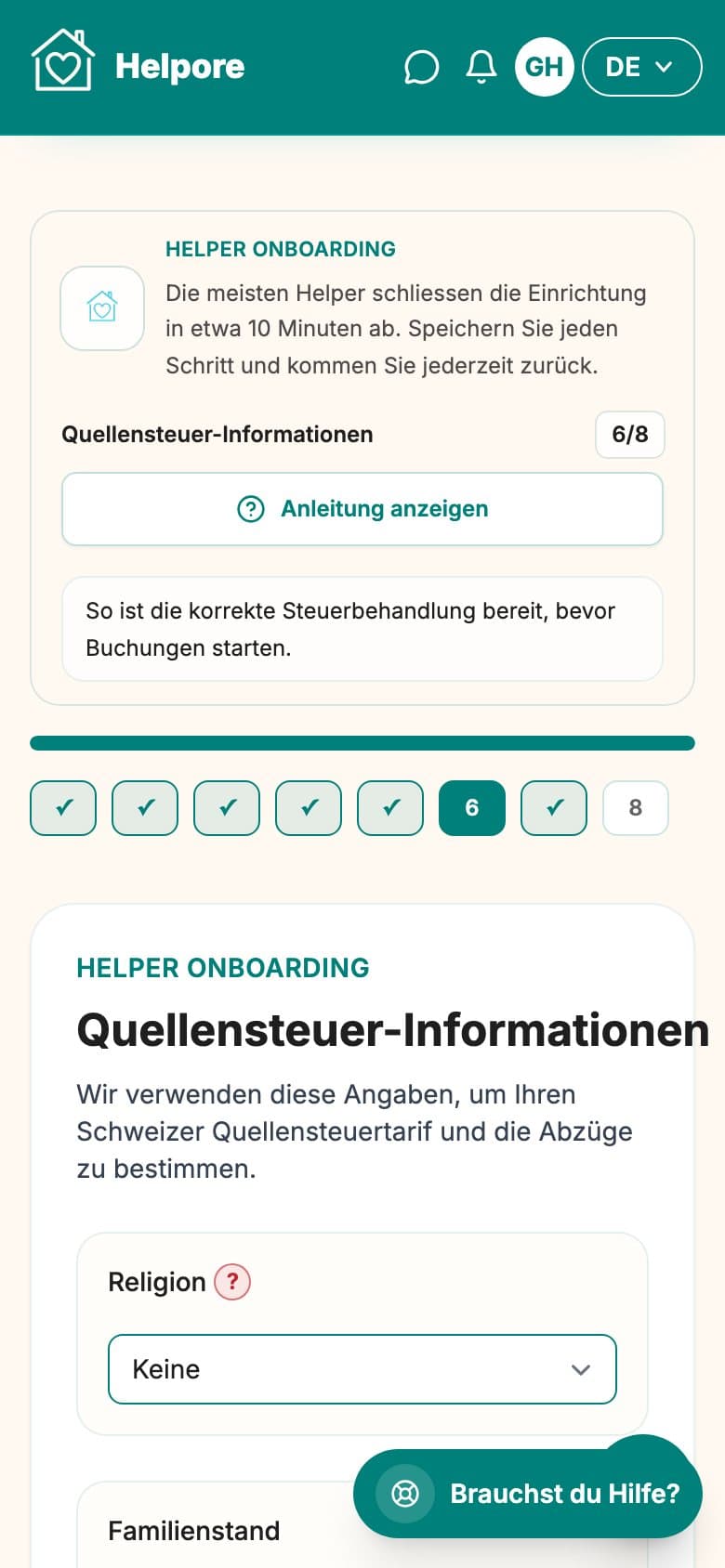 Mobiler Screenshot des Helper-Quellensteuer-Schritts.