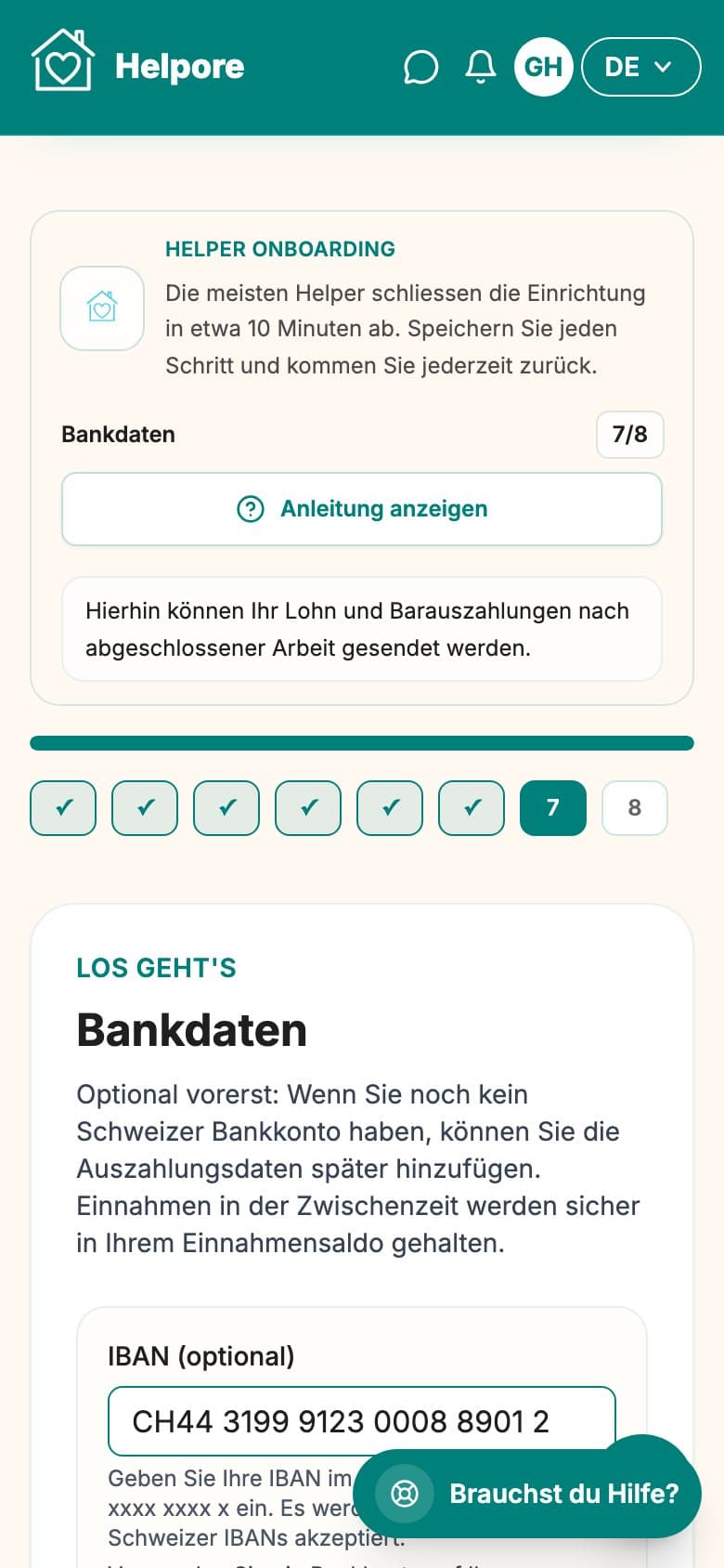 Mobiler Screenshot des Helper-Bankdaten-Schritts.