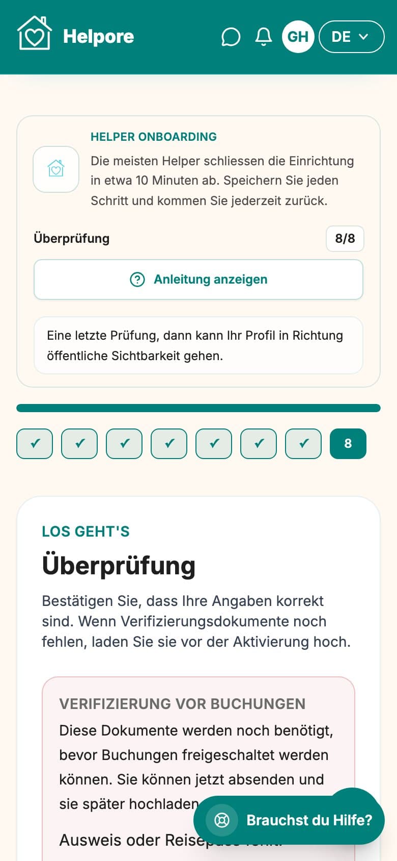 Mobiler Screenshot des Helper-Schritts Pruefen und Einreichen.