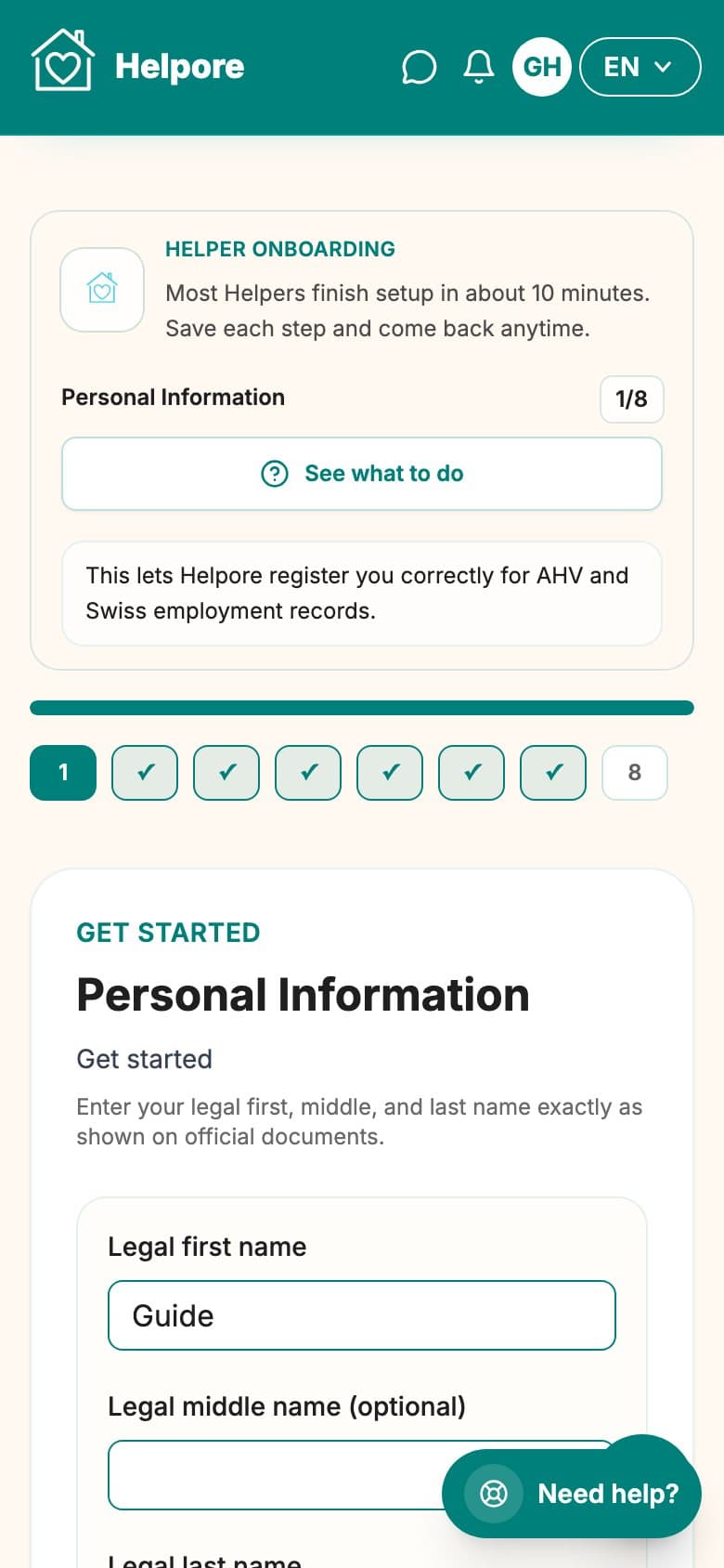 Mobile screenshot of the helper personal information onboarding step.
