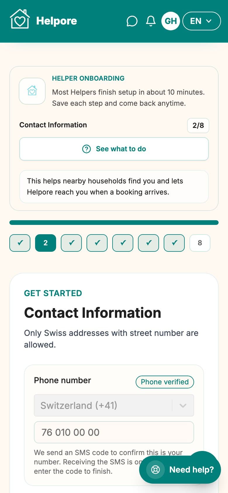 Mobile screenshot of the helper contact information and phone verification step.