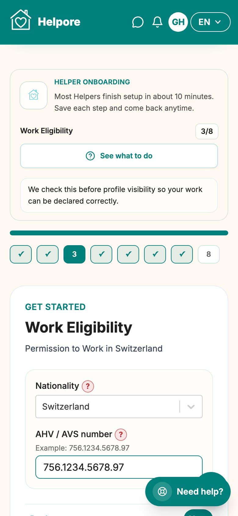 Mobile screenshot of the Helper work eligibility onboarding step.