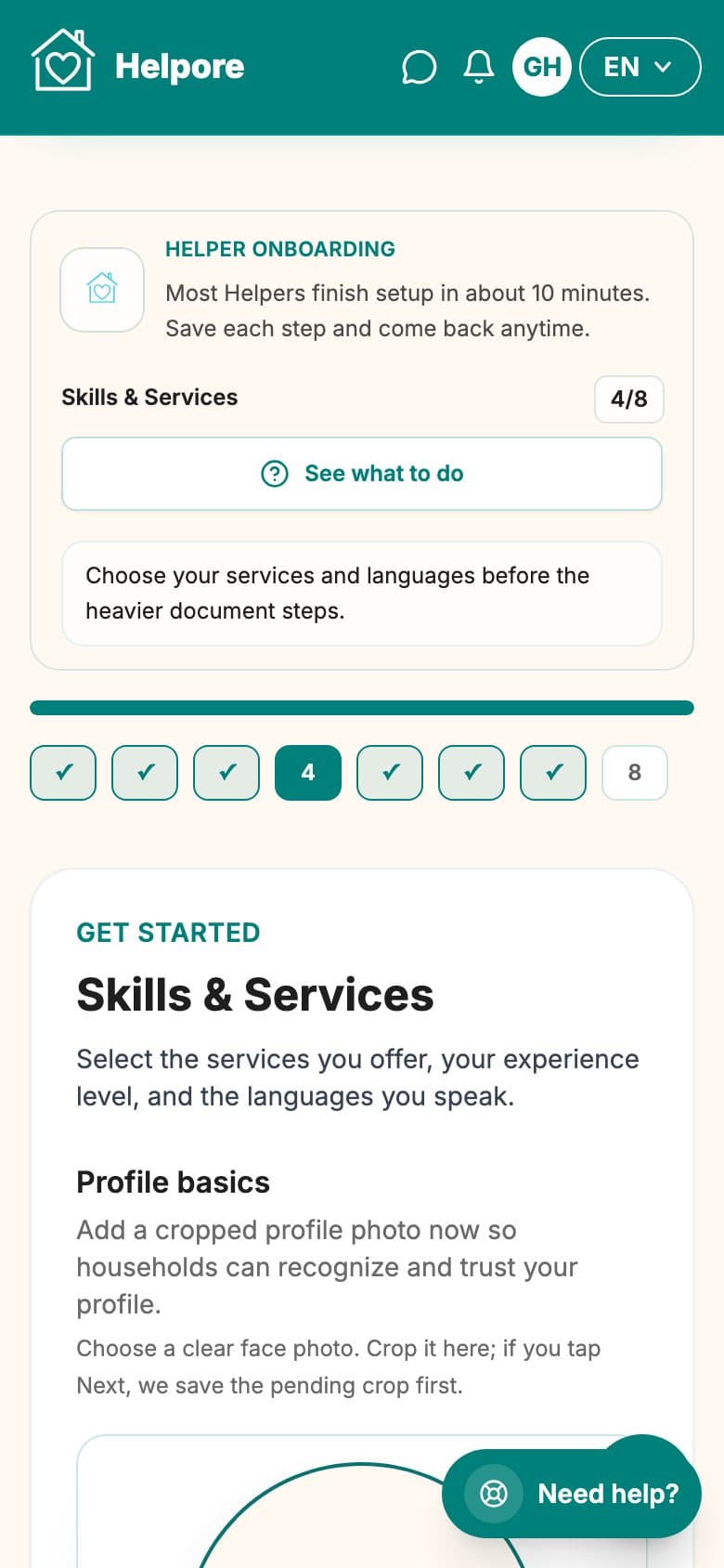 Mobile screenshot of the helper services, add-ons, tags and languages step.