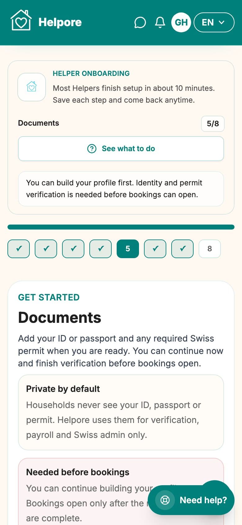 Mobile screenshot of the helper document upload and verification step.
