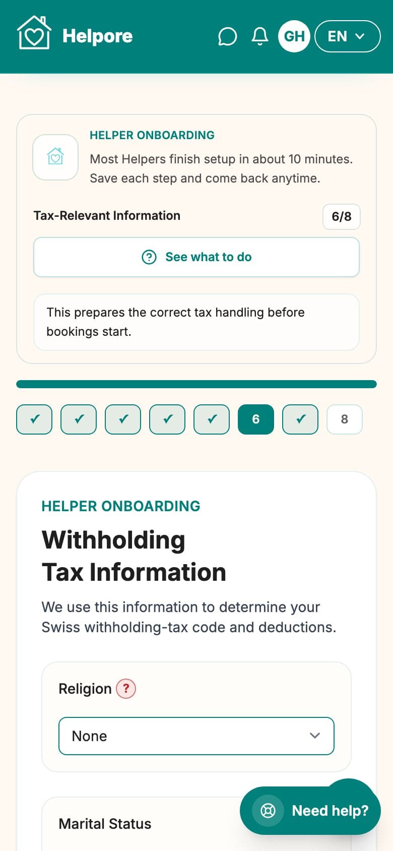 Mobile screenshot of the helper withholding tax onboarding step.