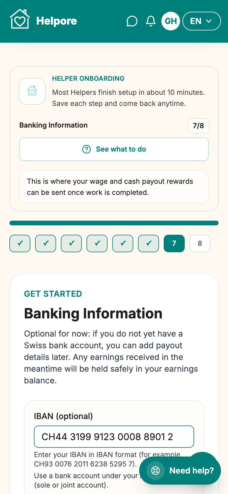 Mobile screenshot of the helper banking information onboarding step.