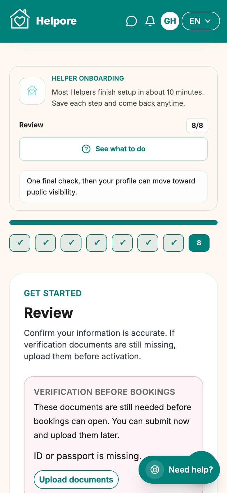 Mobile screenshot of the helper review and submit onboarding step.