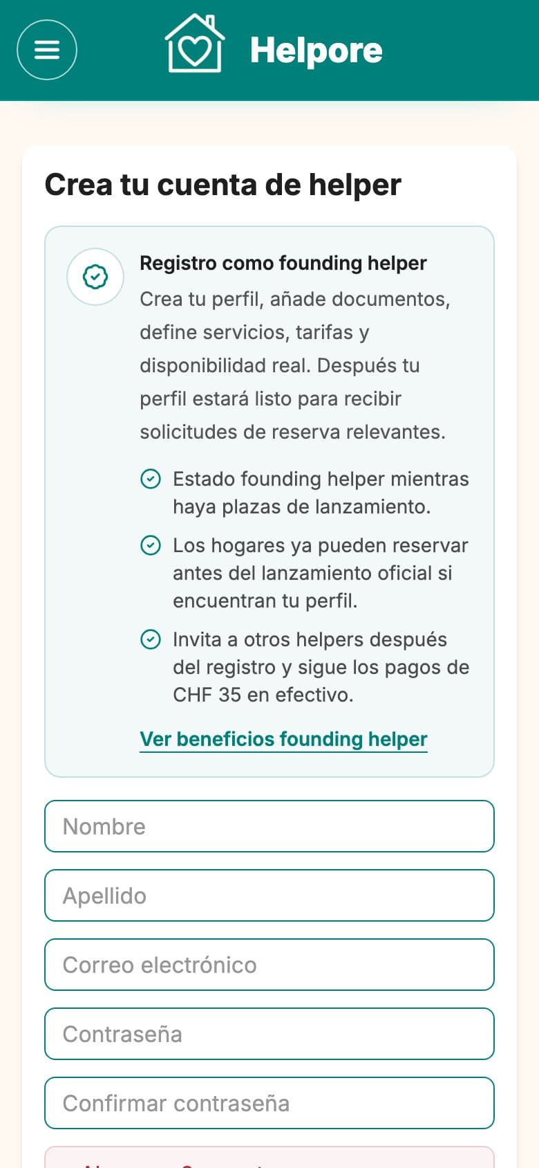 Captura movil de elegibilidad Helper Helpore y creación de cuenta.