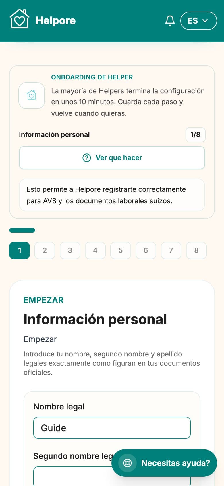 Captura movil del paso de información personal Helper.