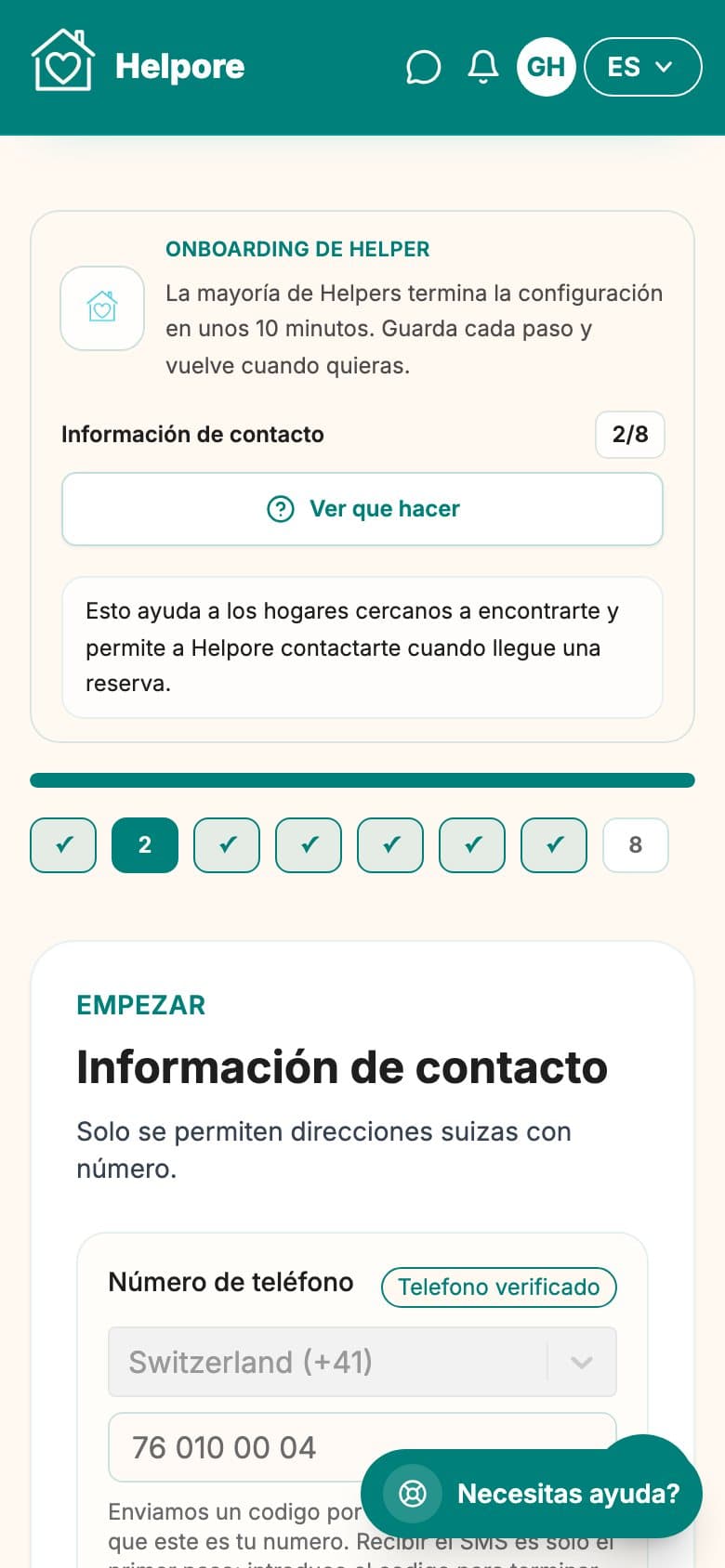 Captura movil del paso de contacto y dirección suiza.