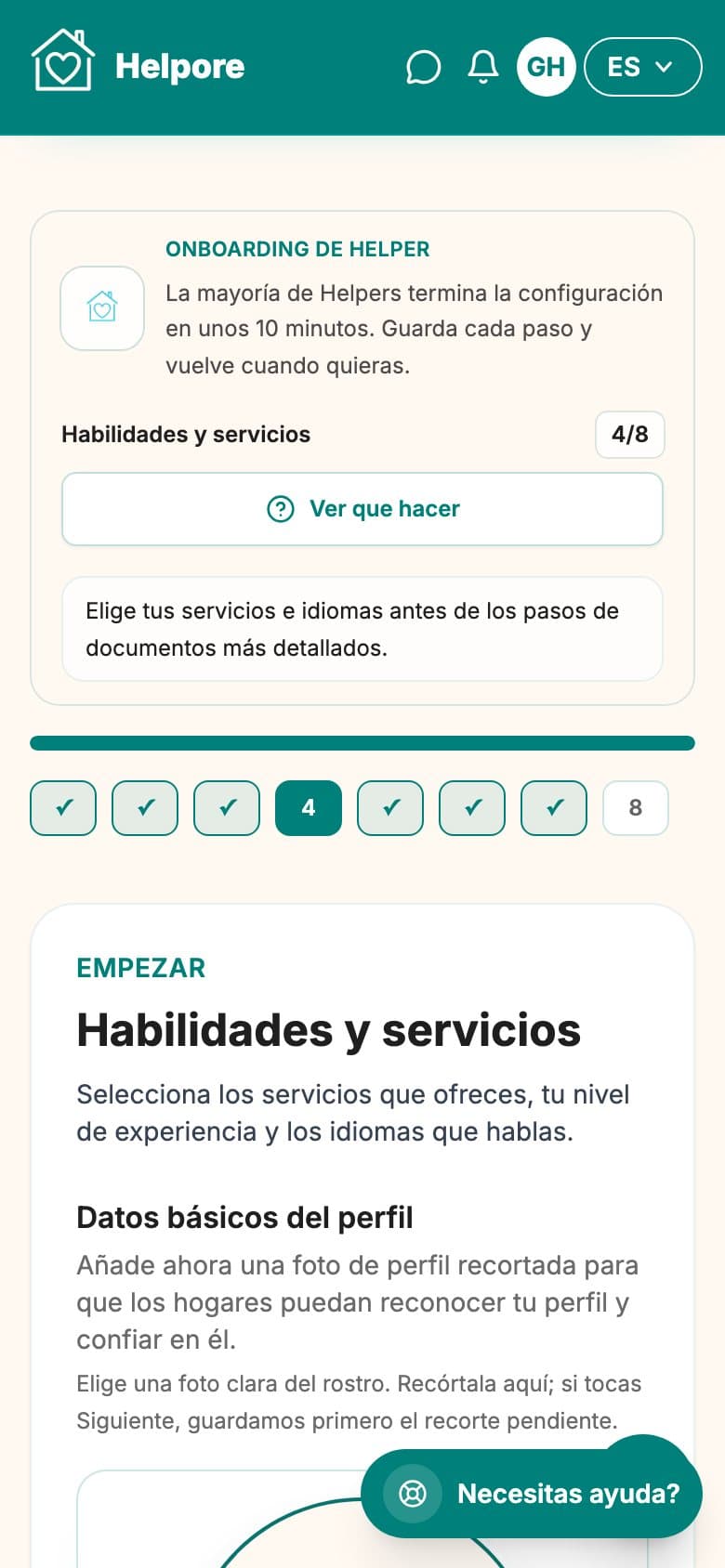 Captura movil del paso de servicios, complementos, etiquetas e idiomas.