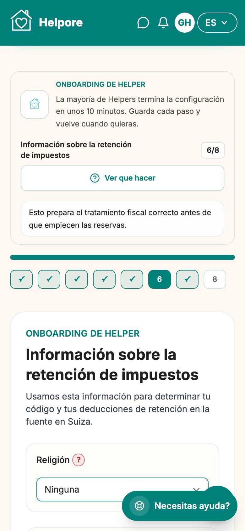 Captura movil del paso de impuesto en la fuente del onboarding helper.