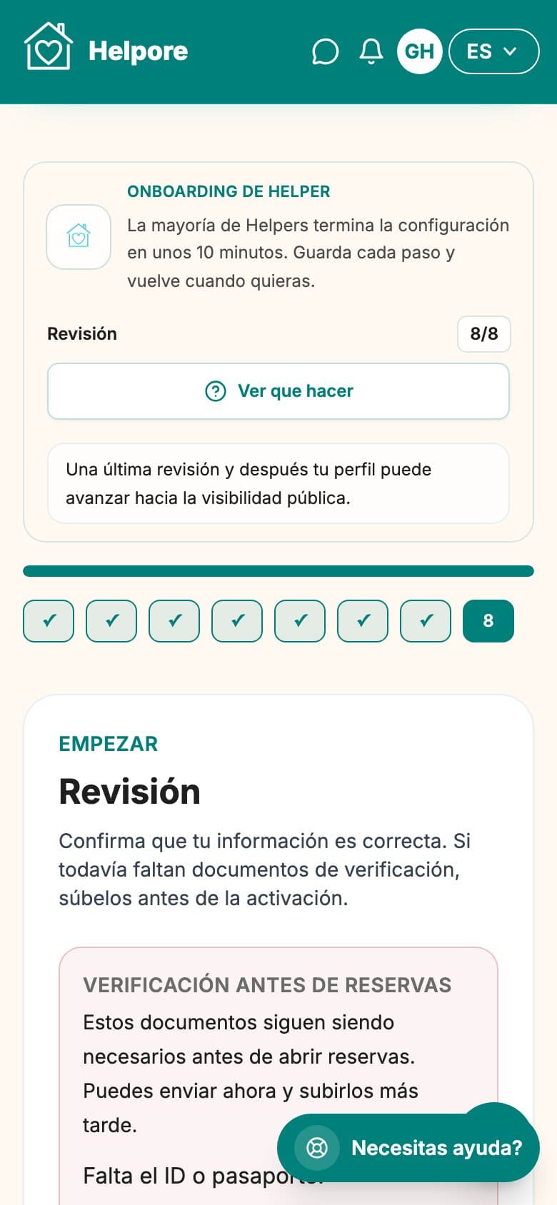 Captura movil del paso de revision y envio del onboarding helper.
