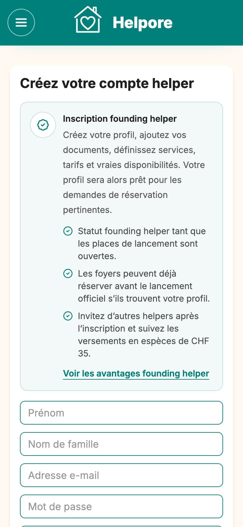Capture mobile de l’éligibilité Helper Helpore et de la création de compte.