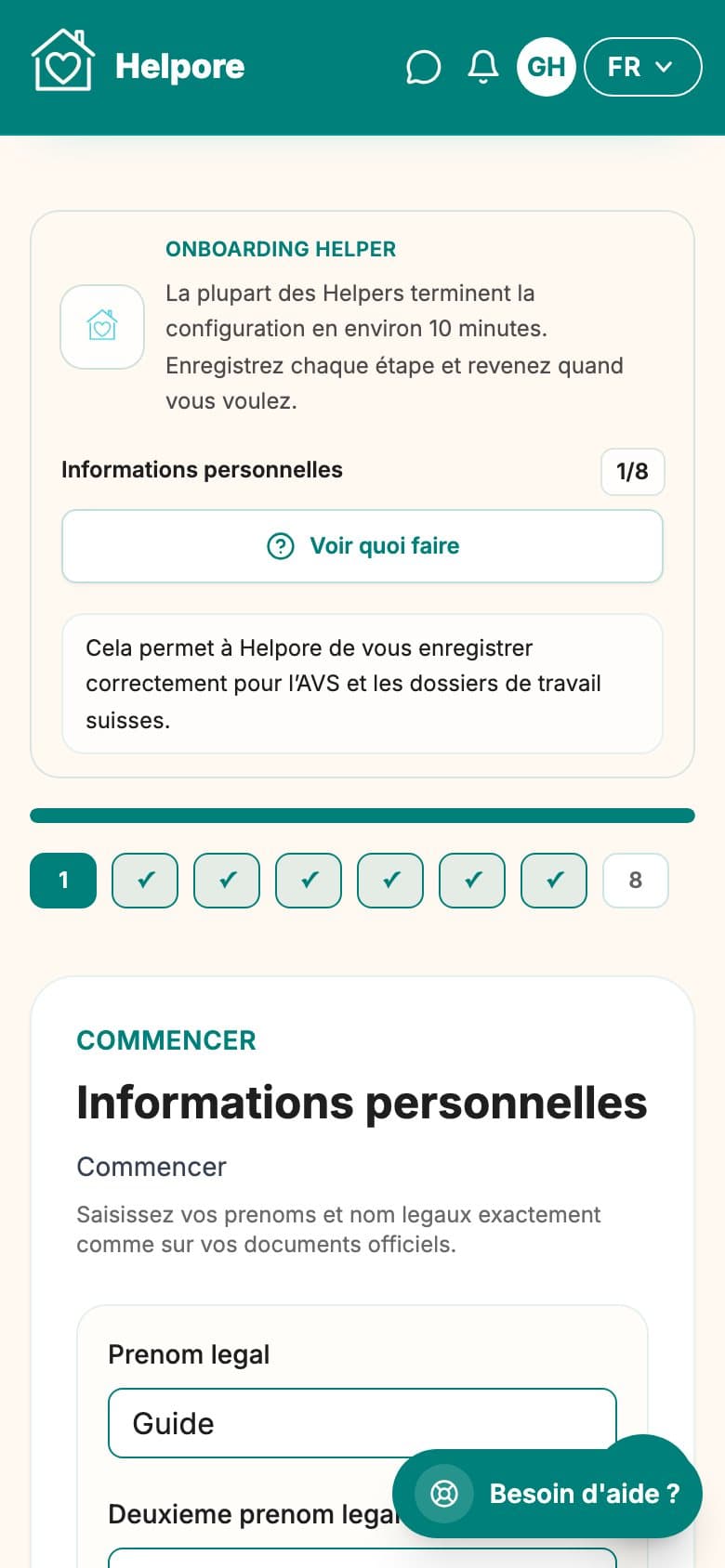 Capture mobile de l’etape informations personnelles Helper.
