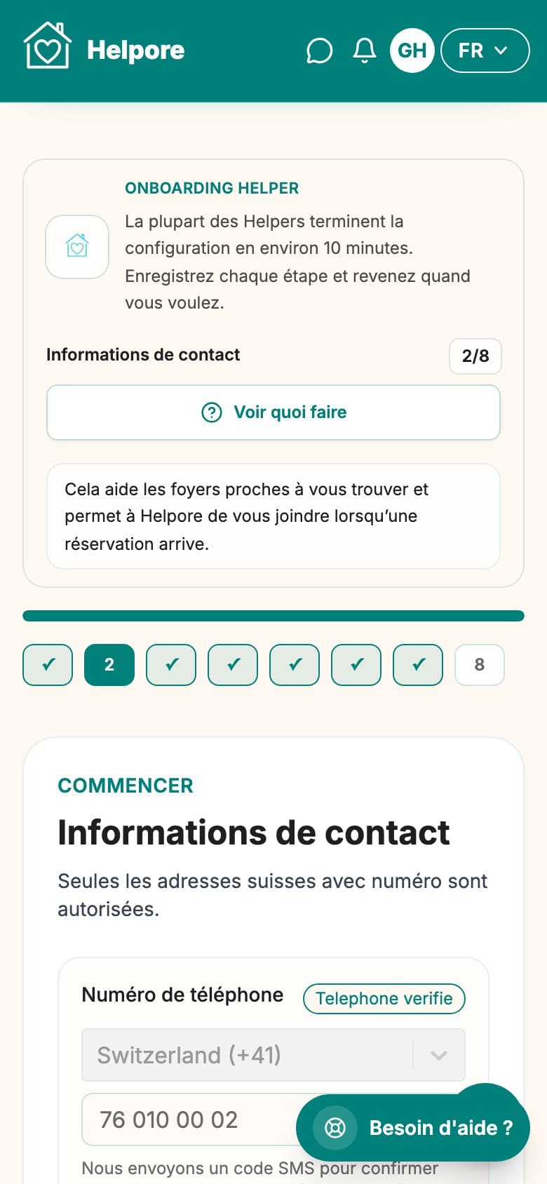 Capture mobile de l’etape contact et adresse suisse.