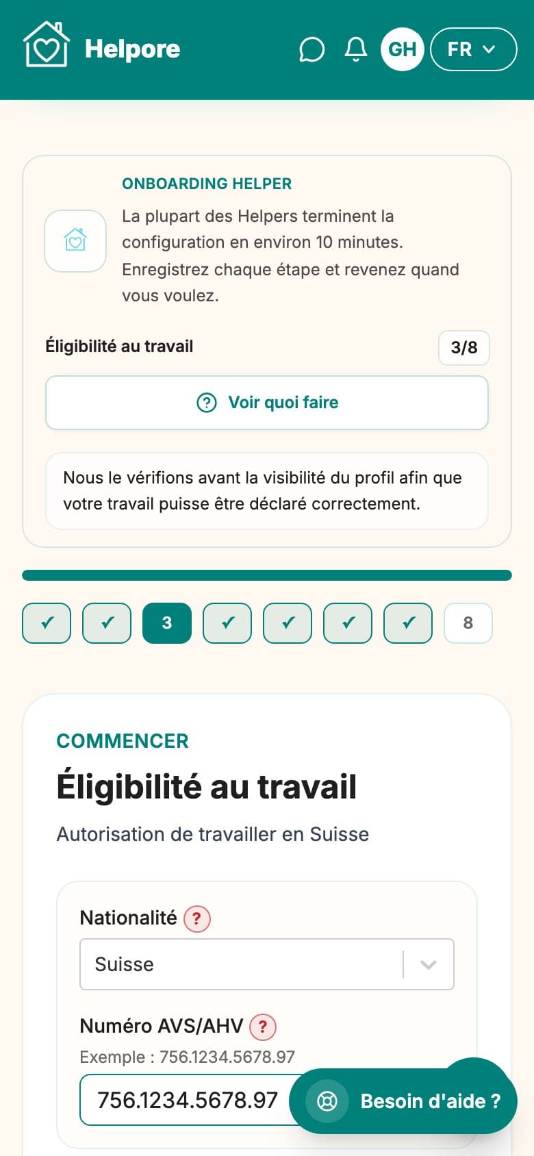 Capture mobile de l’etape droit au travail Helper.