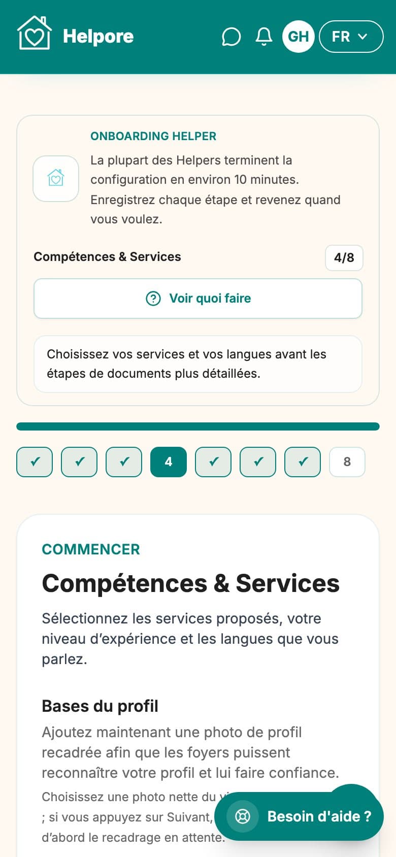 Capture mobile de l’etape competences, services et langues de l’onboarding helper.