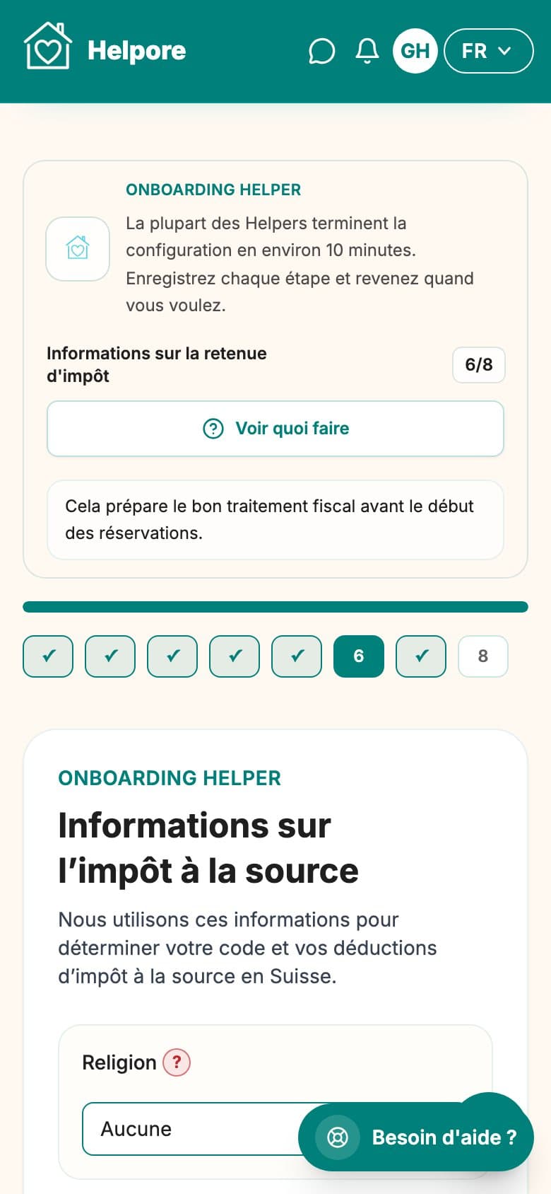 Capture mobile de l’etape impot a la source de l’onboarding helper.