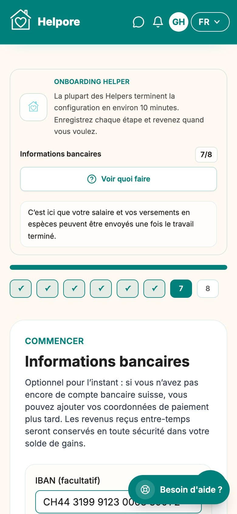 Capture mobile de l’etape coordonnees bancaires helper.