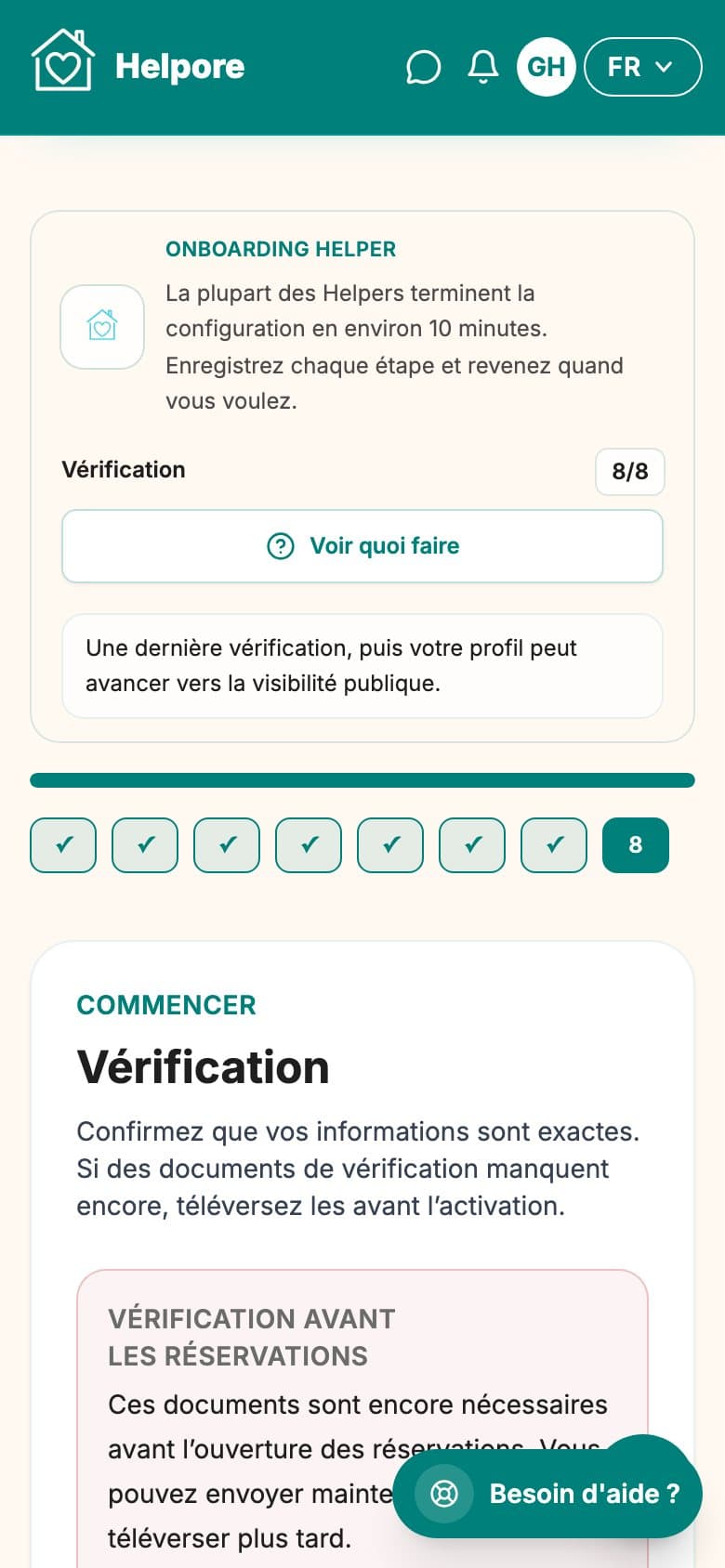 Capture mobile de l’etape verification et envoi de l’onboarding helper.