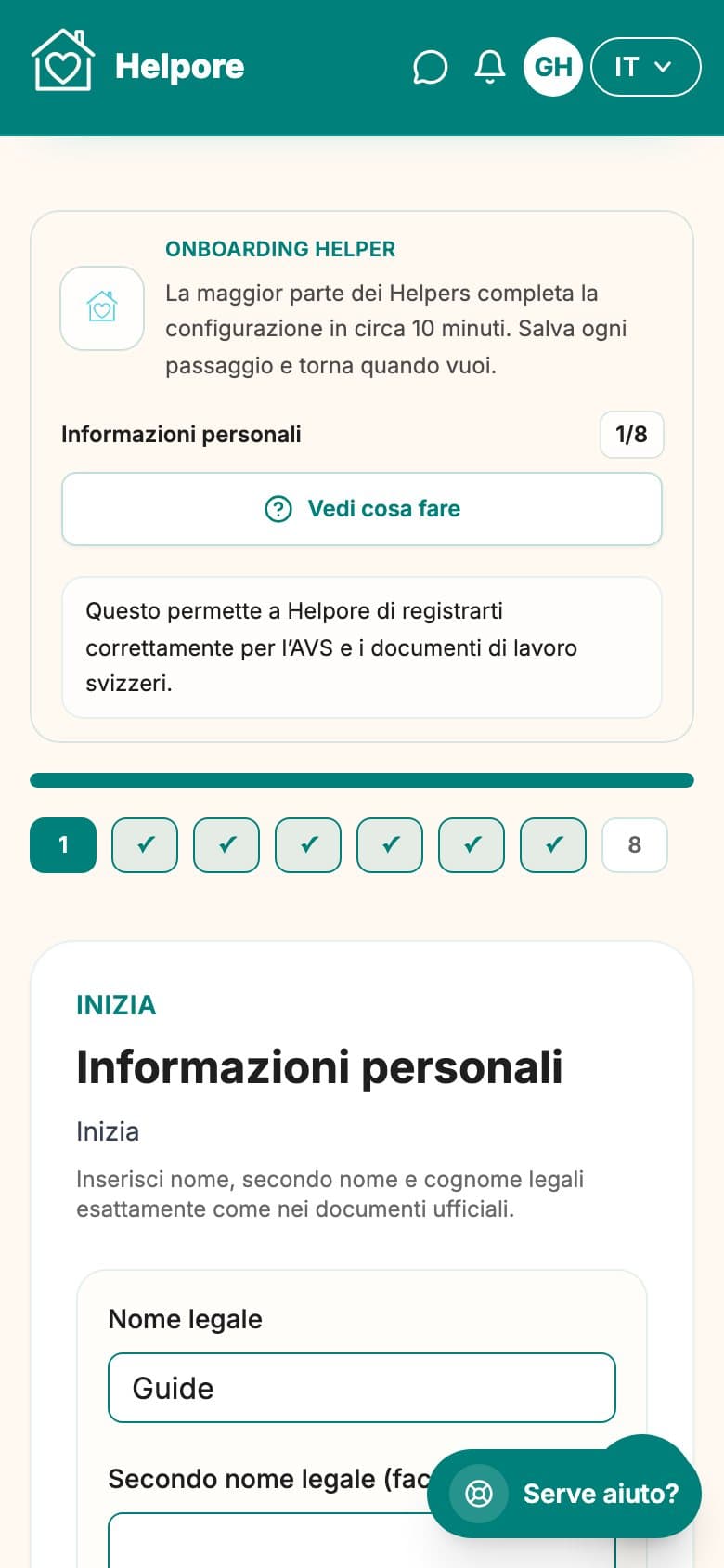 Screenshot mobile dello step informazioni personali helper.