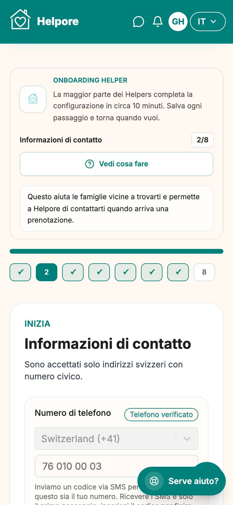 Screenshot mobile dello step dati di contatto e verifica telefono.