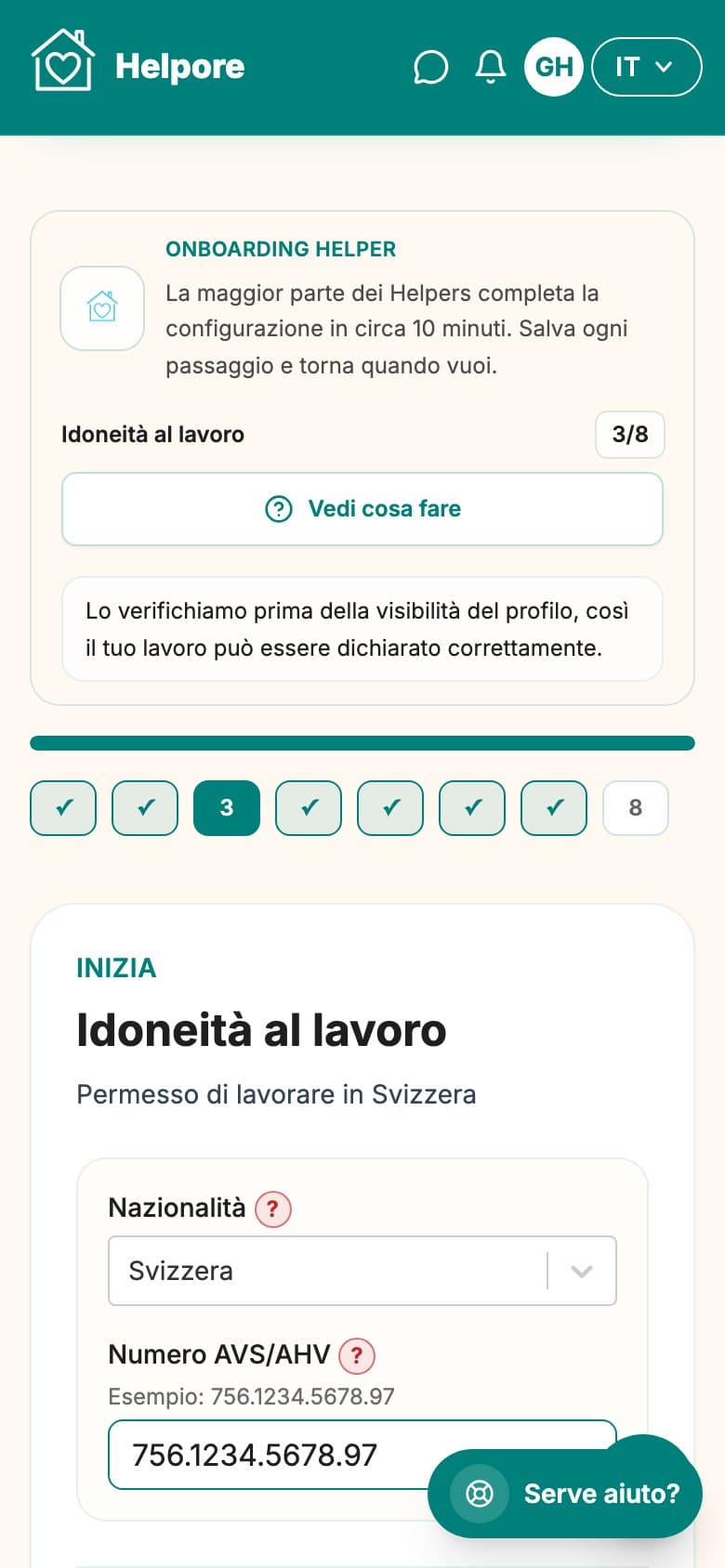 Screenshot mobile dello step diritto al lavoro helper.
