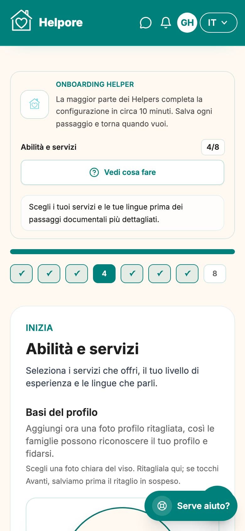 Screenshot mobile dello step competenze, servizi e lingue dell’onboarding helper.