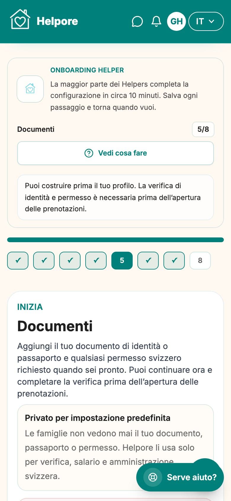 Screenshot mobile dello step caricamento e verifica documenti helper.