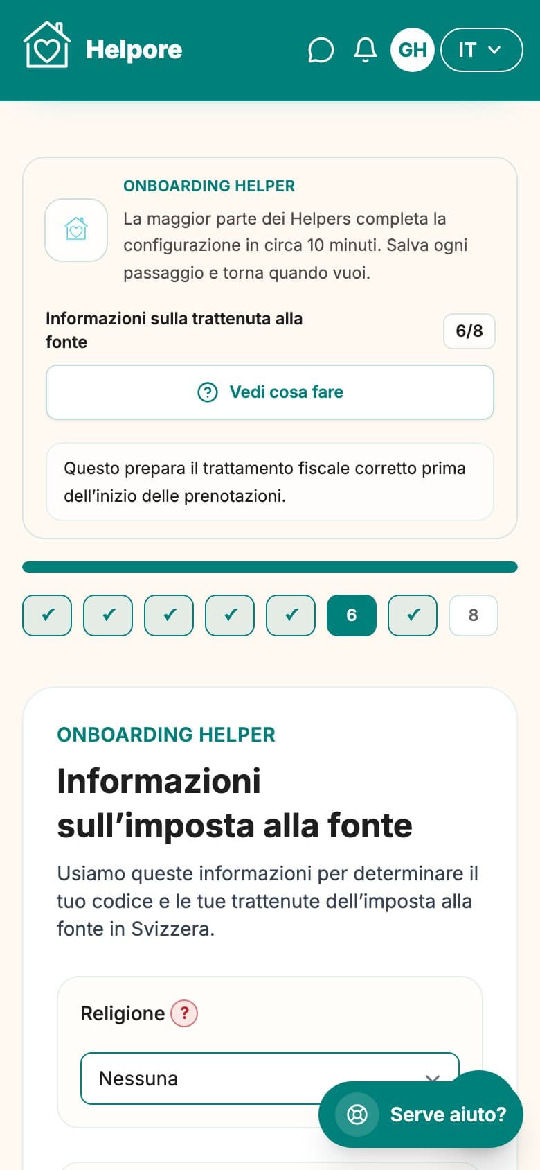 Screenshot mobile dello step imposta alla fonte dell’onboarding helper.