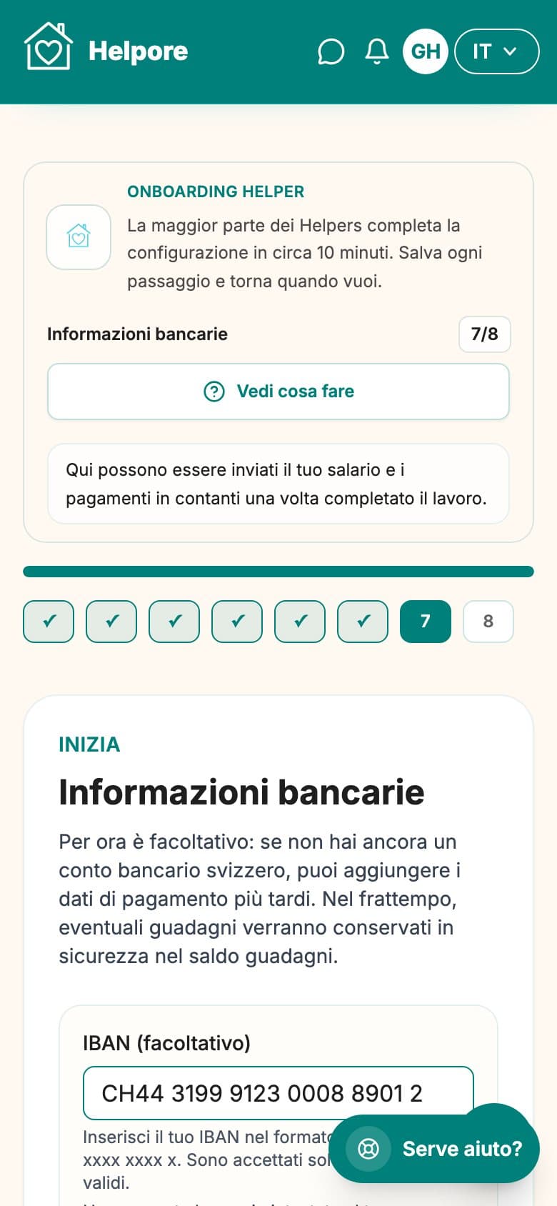 Screenshot mobile dello step dati bancari helper.
