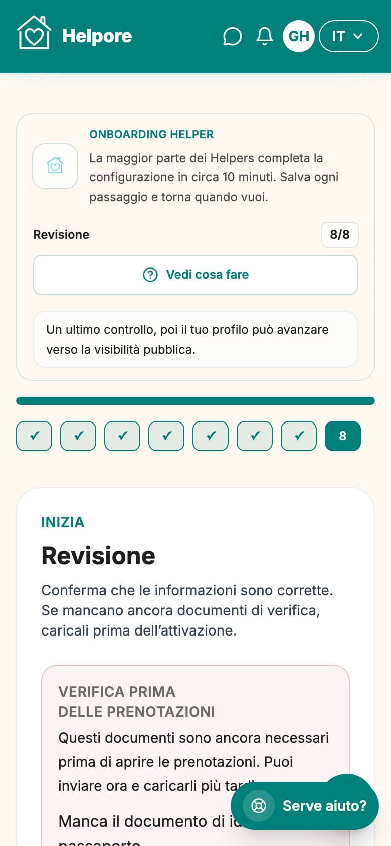 Screenshot mobile dello step revisione e invio dell’onboarding helper.