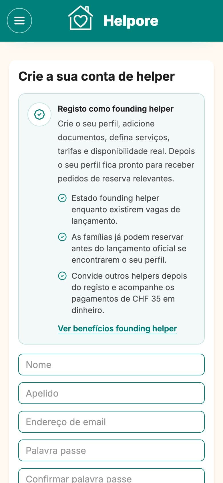 Captura de ecrã no telemóvel da elegibilidade Helper Helpore e criação de conta.