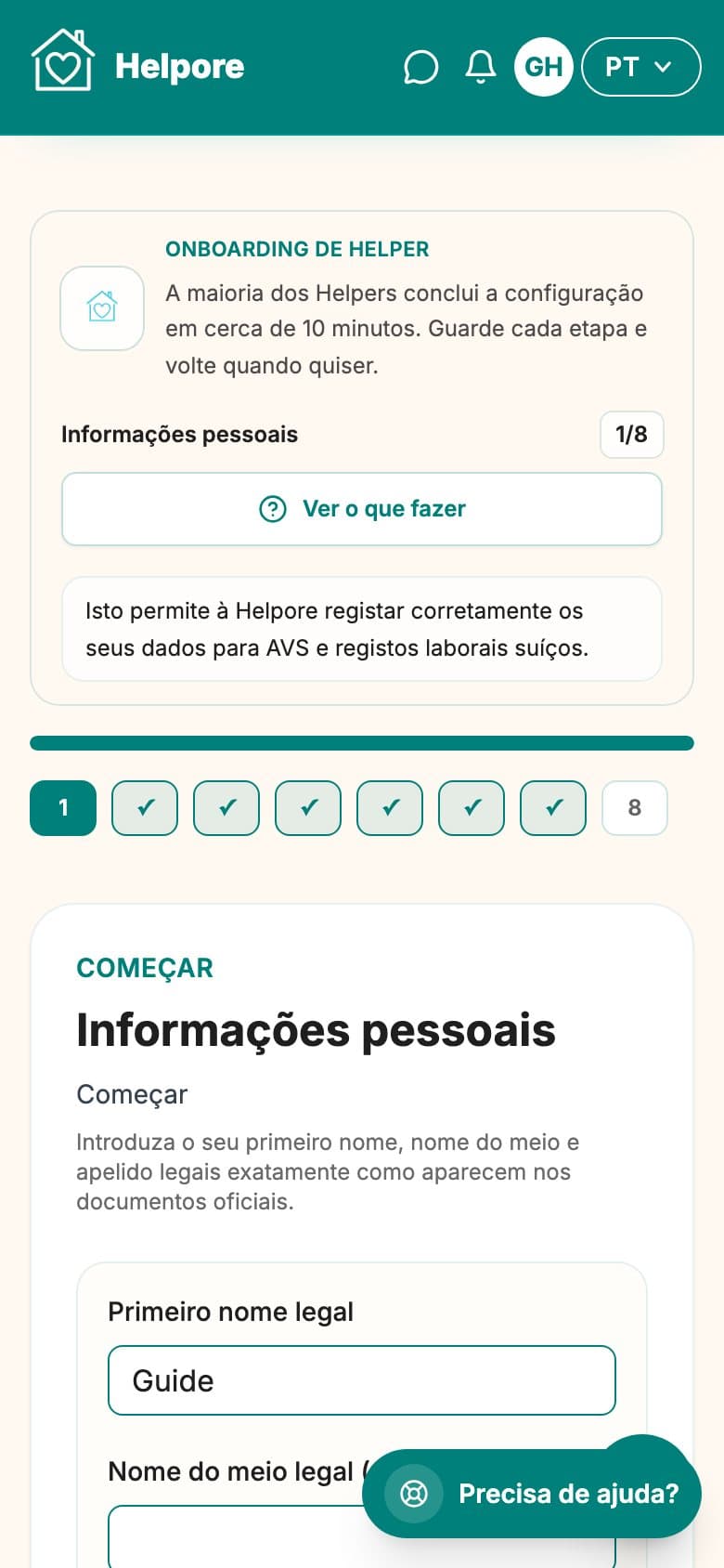 Captura movel do passo de informacao pessoal helper.