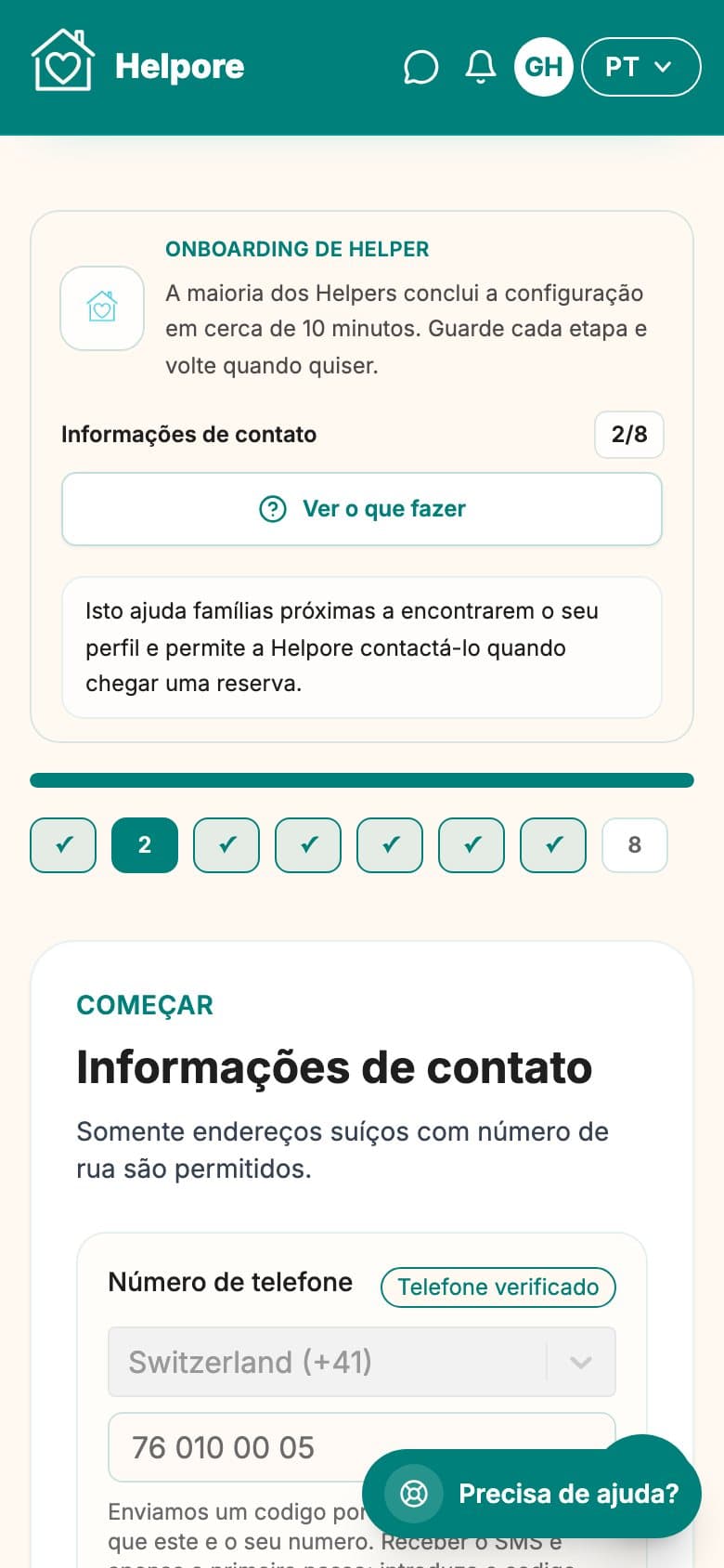 Captura de ecrã no telemóvel do passo de contacto e morada suíça.